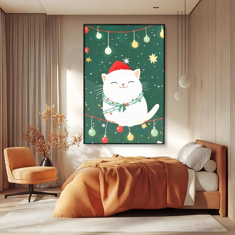 Tablou canvas cu ilustratie cu pisica alba de craciun, in rama de aluminiu negru, pe perete intr-un dormitor
